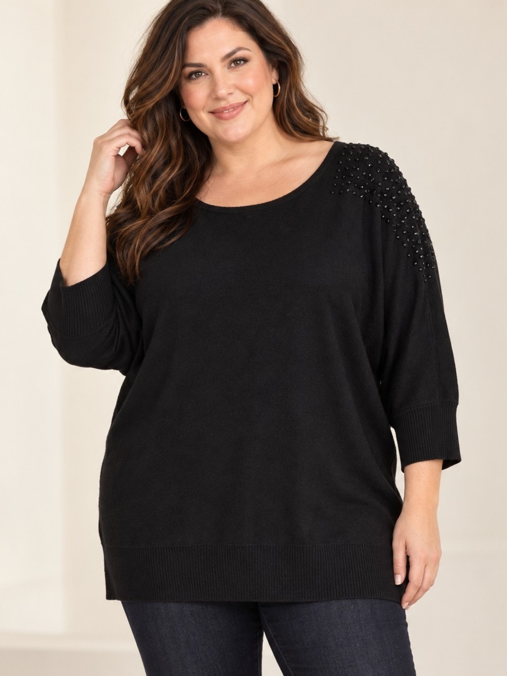 Cable & Gauge Black Rhinestone Shoulder Tunic Sweater Plus 1X